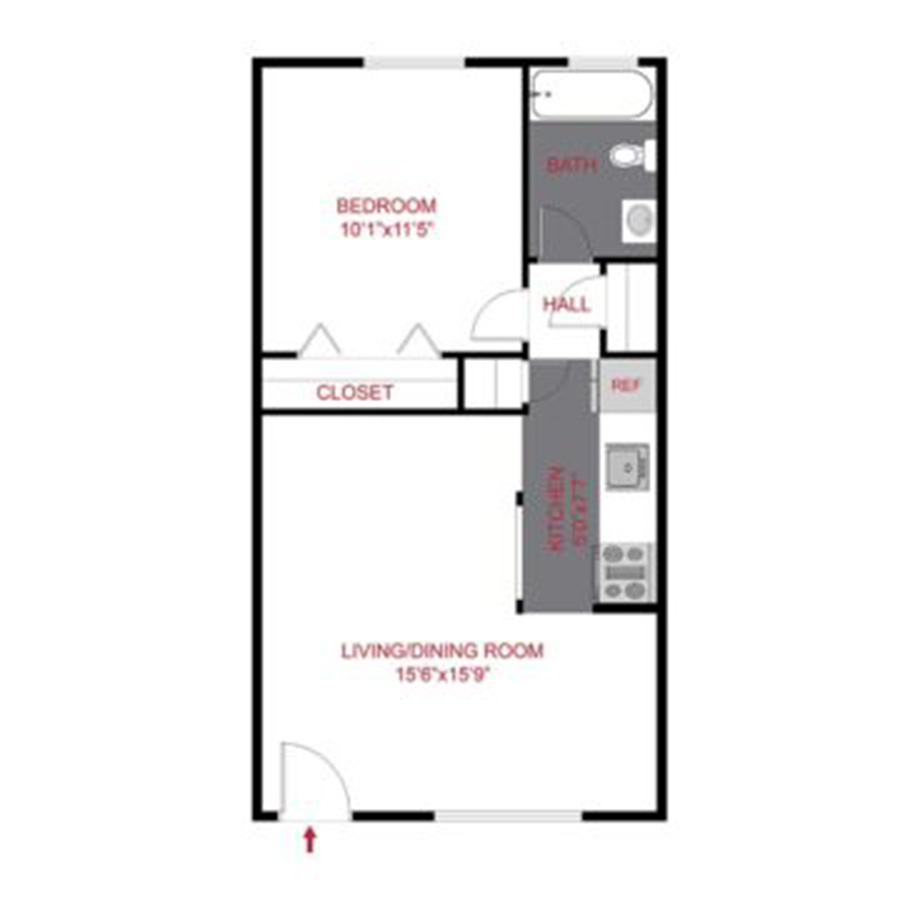 Rendering of the 805 Dahlia - Plan A1 floor plan with 1 bedroom[s] and 1 bathroom[s] at The Dexters & Dahlias