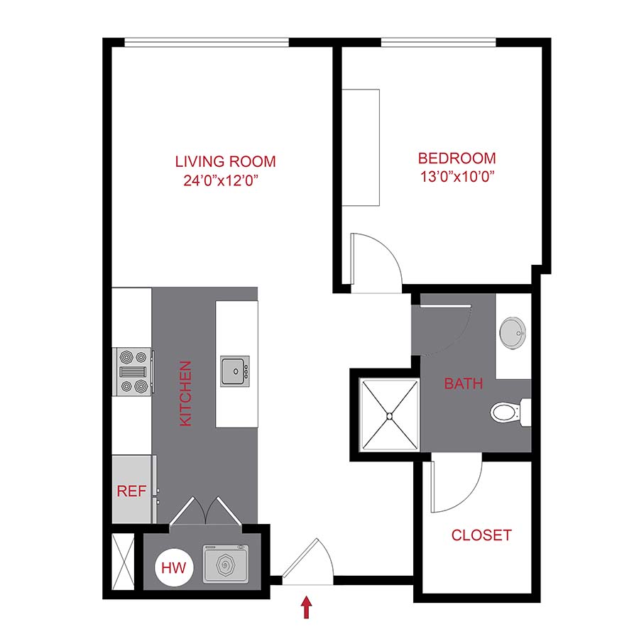 Rendering of the The Wagner floor plan with 1 bedroom[s] and 1 bathroom[s] at 7/S Denver Haus