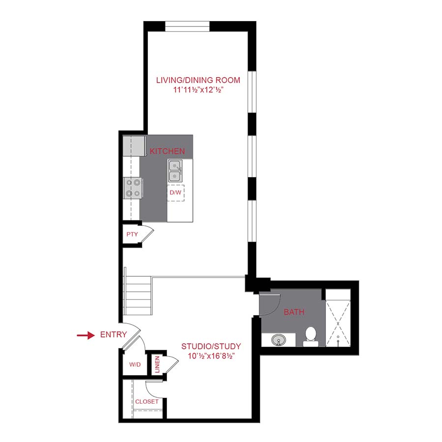 Rendering of the A6 floor plan with 1 bedroom[s] and 1 bathroom[s] at 1280 Lafayette