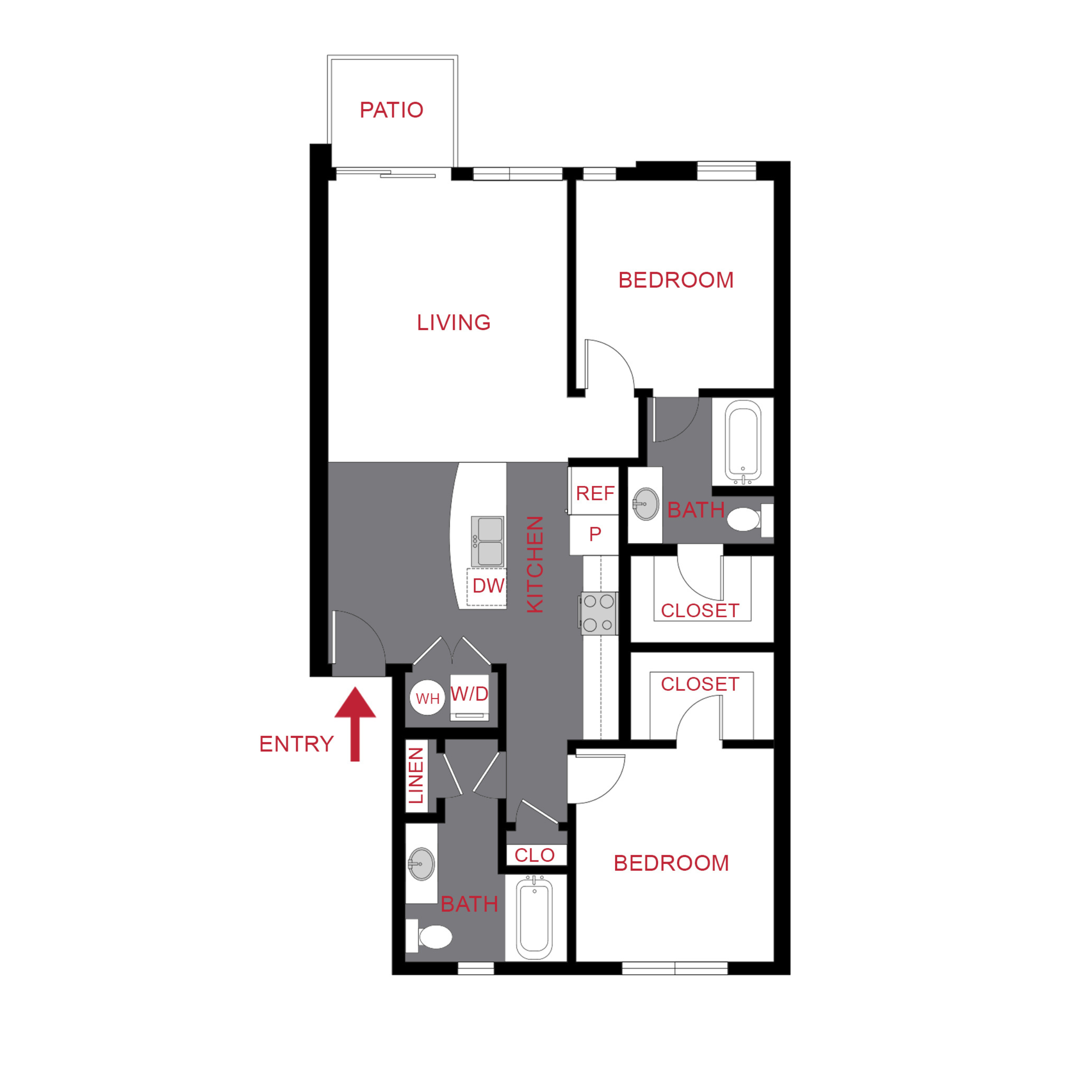 Rendering of the B2 floor plan with 2 bedroom[s] and 2 bathroom[s] at Monaco Row