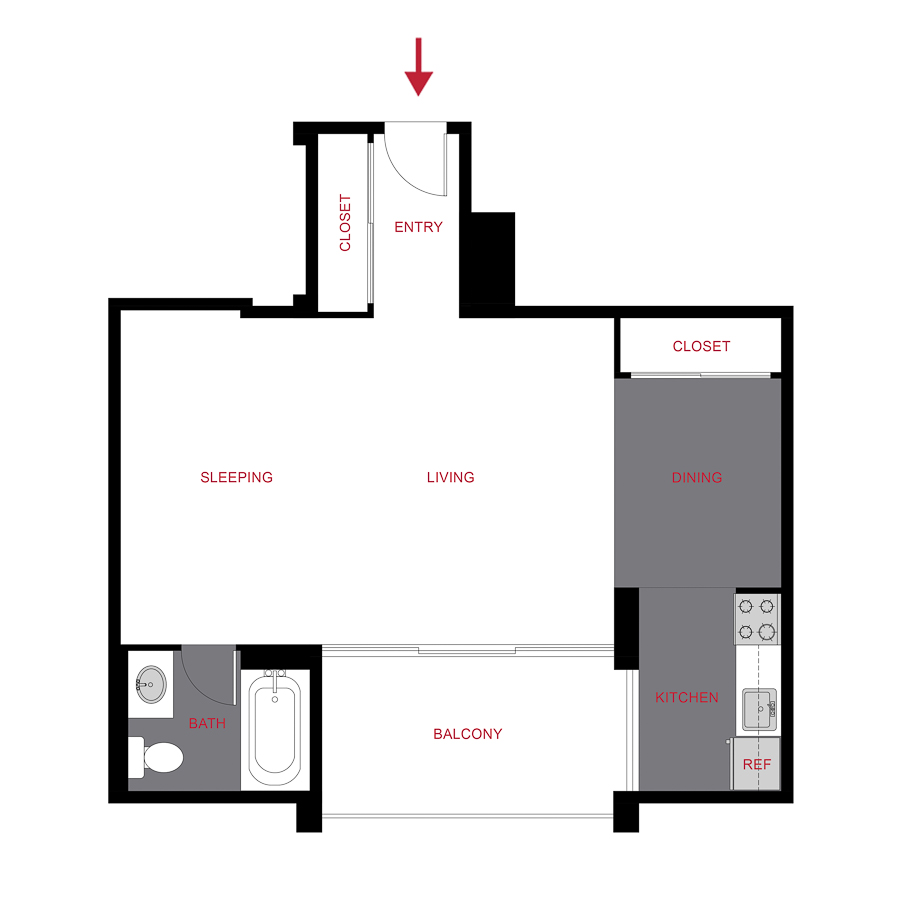 Rendering of the Plan S2  floor plan with a Studio bedroom and 1 bathroom[s] at 1000 Grant the Burnsley