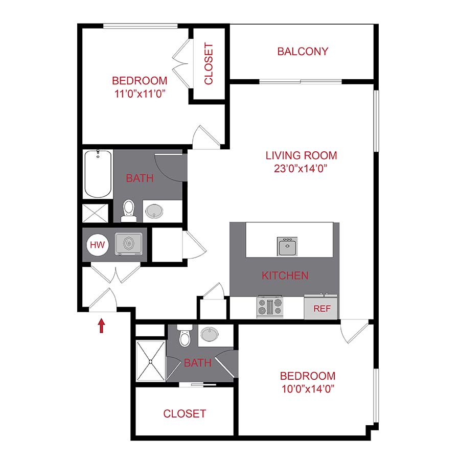 Rendering of the The Marcks floor plan with 2 bedroom[s] and 2 bathroom[s] at 7/S Denver Haus