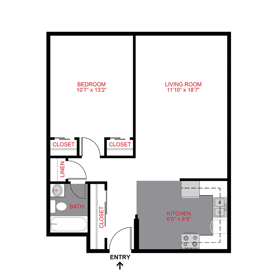 Rendering of the Plan A1 - One Bedroom floor plan with 1 bedroom[s] and 1 bathroom[s] at 1190 Birch