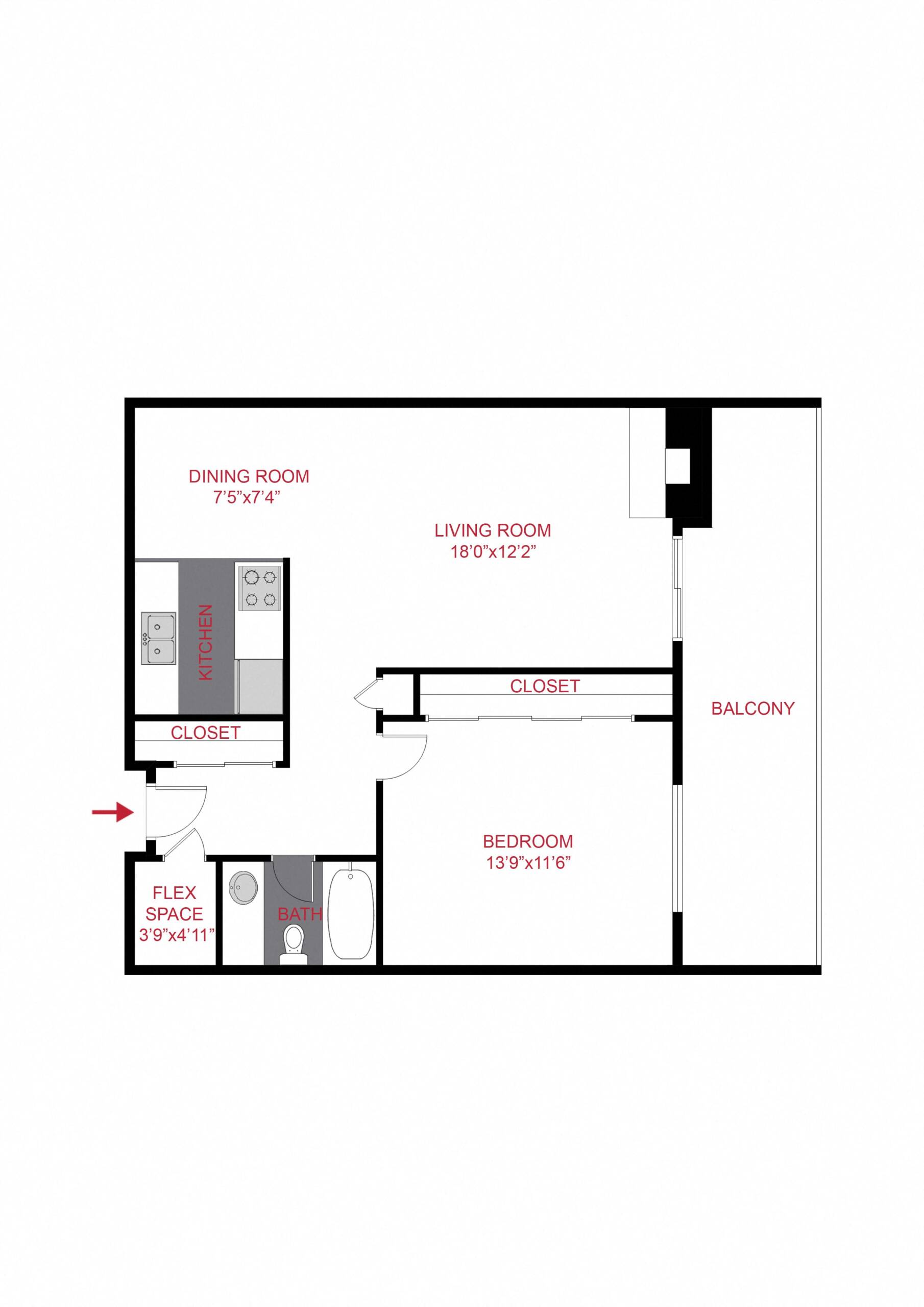 Rendering of the Plan A - One Bedroom floor plan with 1 bedroom[s] and 1 bathroom[s] at 1265 Downing