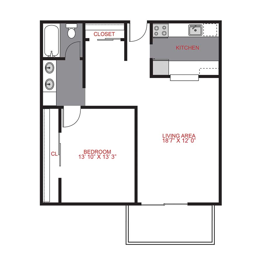 Rendering of the Plan A1 - One Bedroom floor plan with 1 bedroom[s] and 1 bathroom[s] at 515 Clarkson