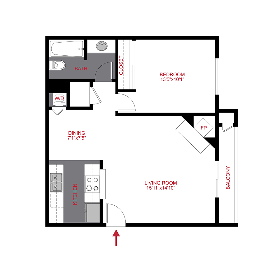 Rendering of the 1 Bed 1 Bath floor plan with 1 bedroom[s] and 1 bathroom[s] at Cottonwood Creek