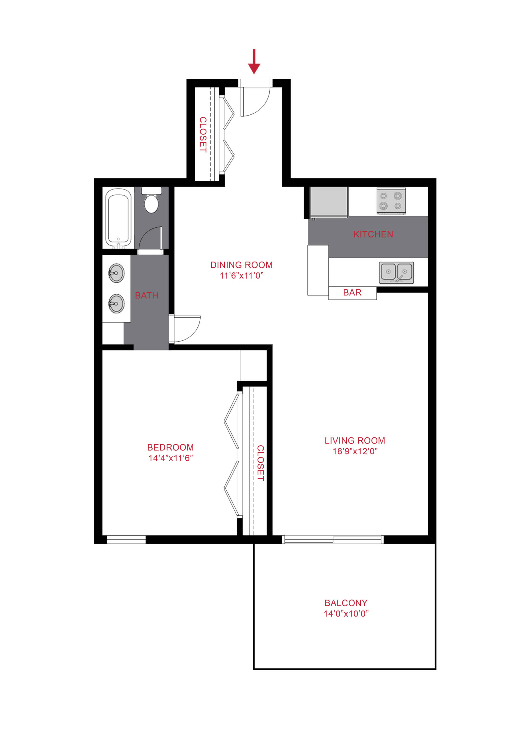 Rendering of the Sheffield floor plan with 1 bedroom[s] and 1 bathroom[s] at The Manchester