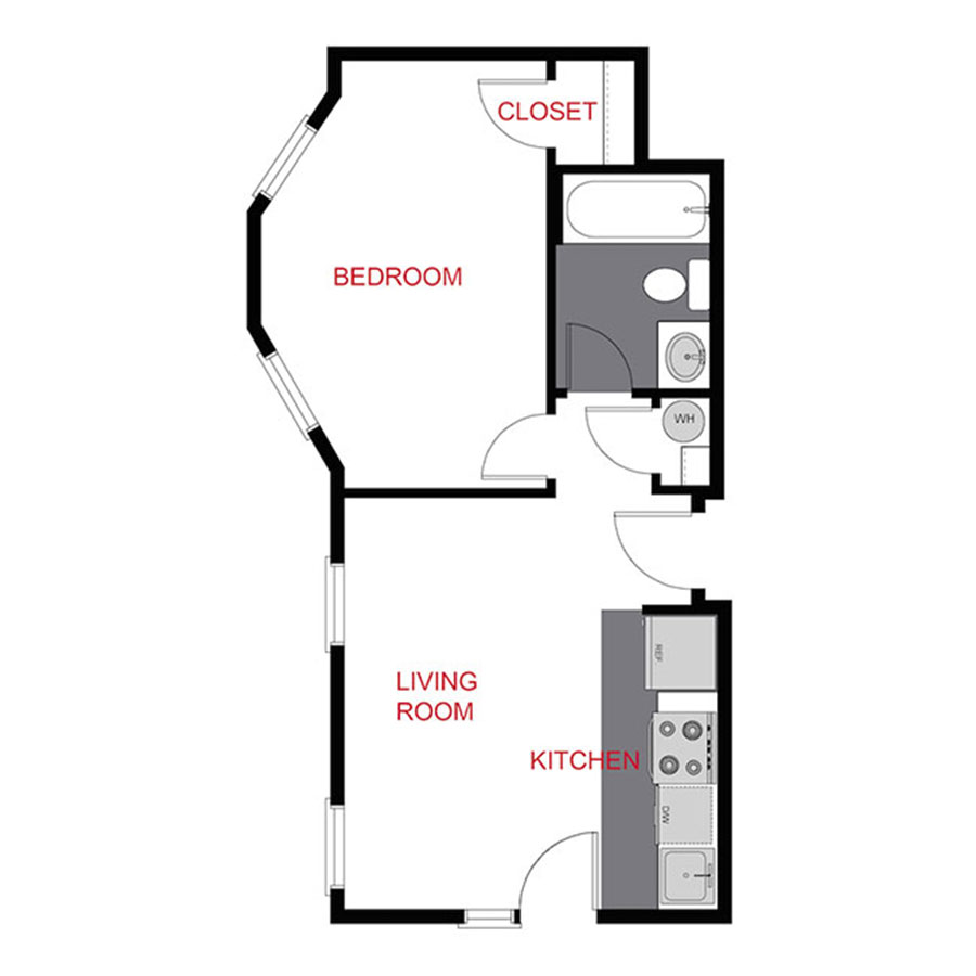 Rendering of the 1153 A2 - One Bedroom floor plan with 1 bedroom[s] and 1 bathroom[s] at 1145 & 1153 Ogden