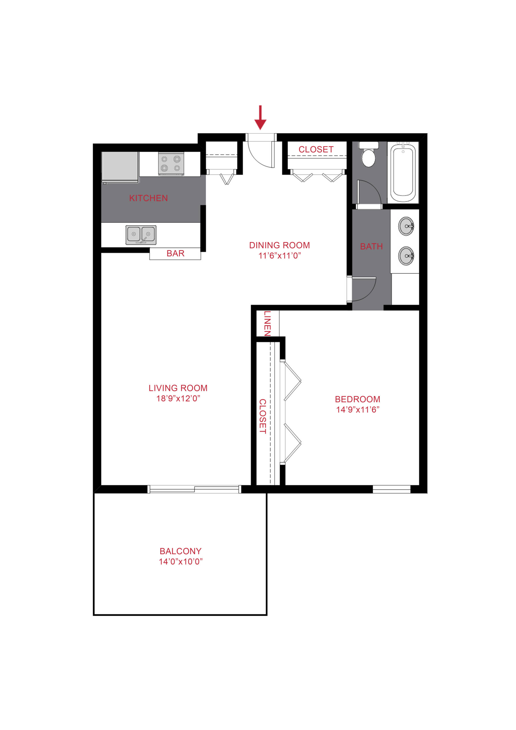 Rendering of the Oldham floor plan with 1 bedroom[s] and 1 bathroom[s] at The Manchester
