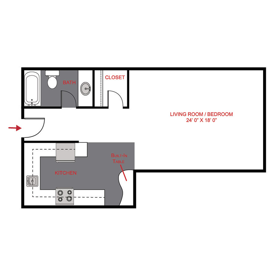 Rendering of the Studio floor plan with a Studio bedroom and 1 bathroom[s] at The Brit