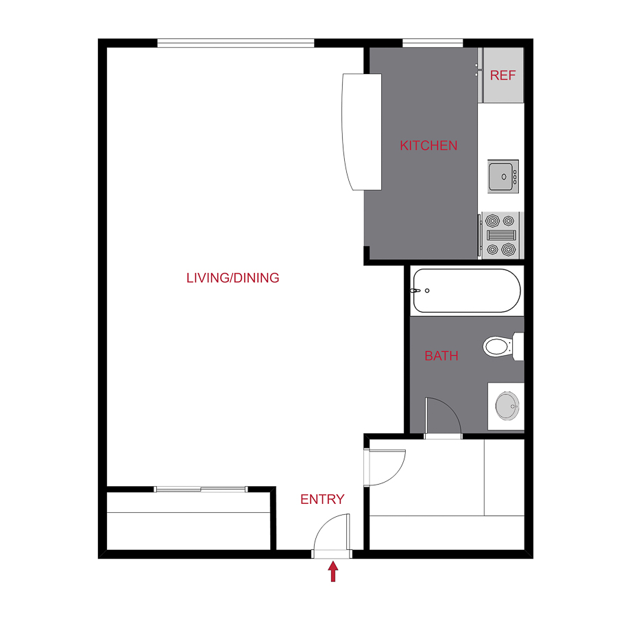 Rendering of the 890 Dexter - Studio floor plan with a Studio bedroom and 1 bathroom[s] at The Dexters & Dahlias