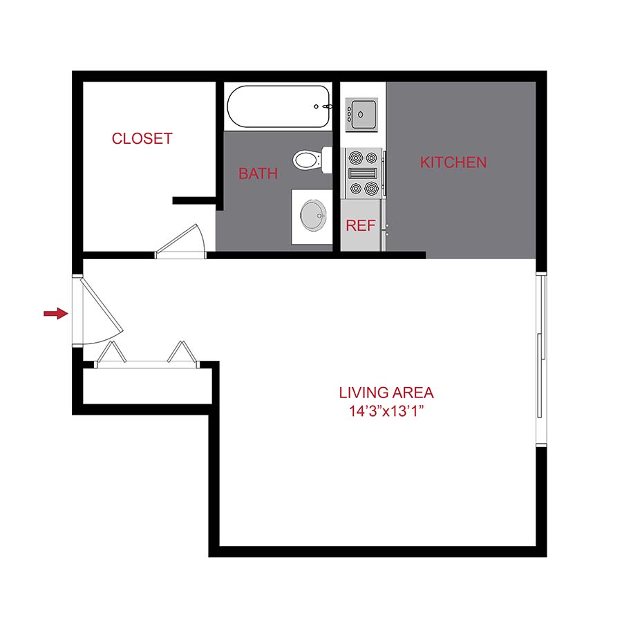 Rendering of the s2 floor plan with a Studio bedroom and 1 bathroom[s] at 950 Lafayette