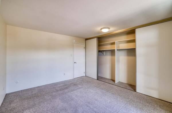 The Manchester apartment bedroom with carpet and large closet.