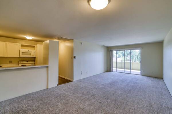 The Manchester apartment living room with carpet and balcony door.